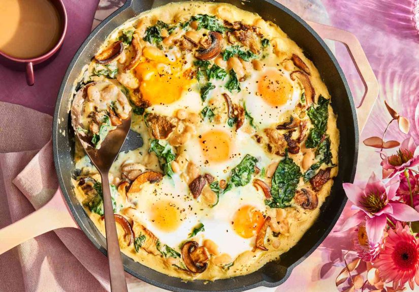 Skillet Baked Eggs with White Beans and Mushrooms